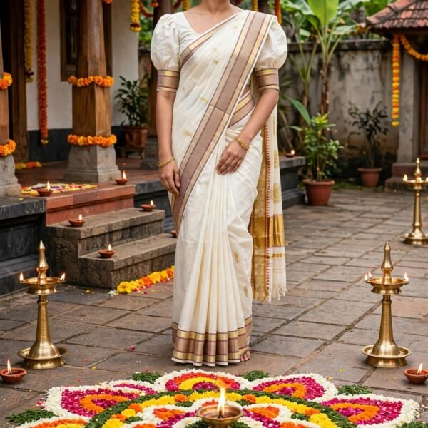 Elegant Kerala Kasavu Saree with Stitched Blouse