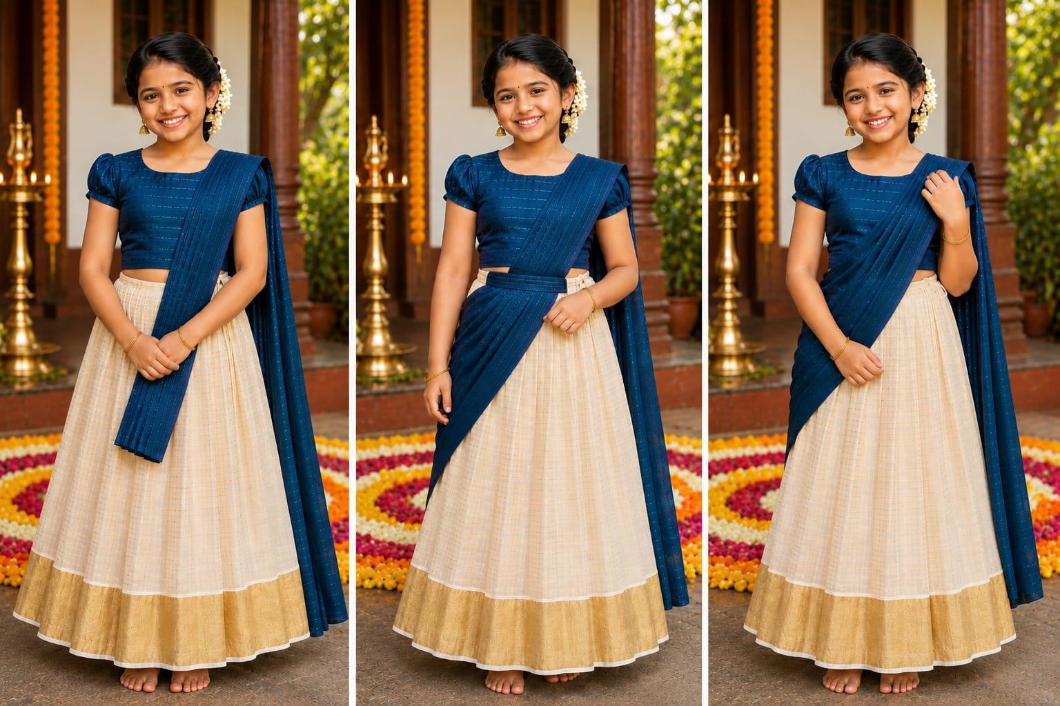 Peacock Blue Kerala Davani Set for Girls - Image 2