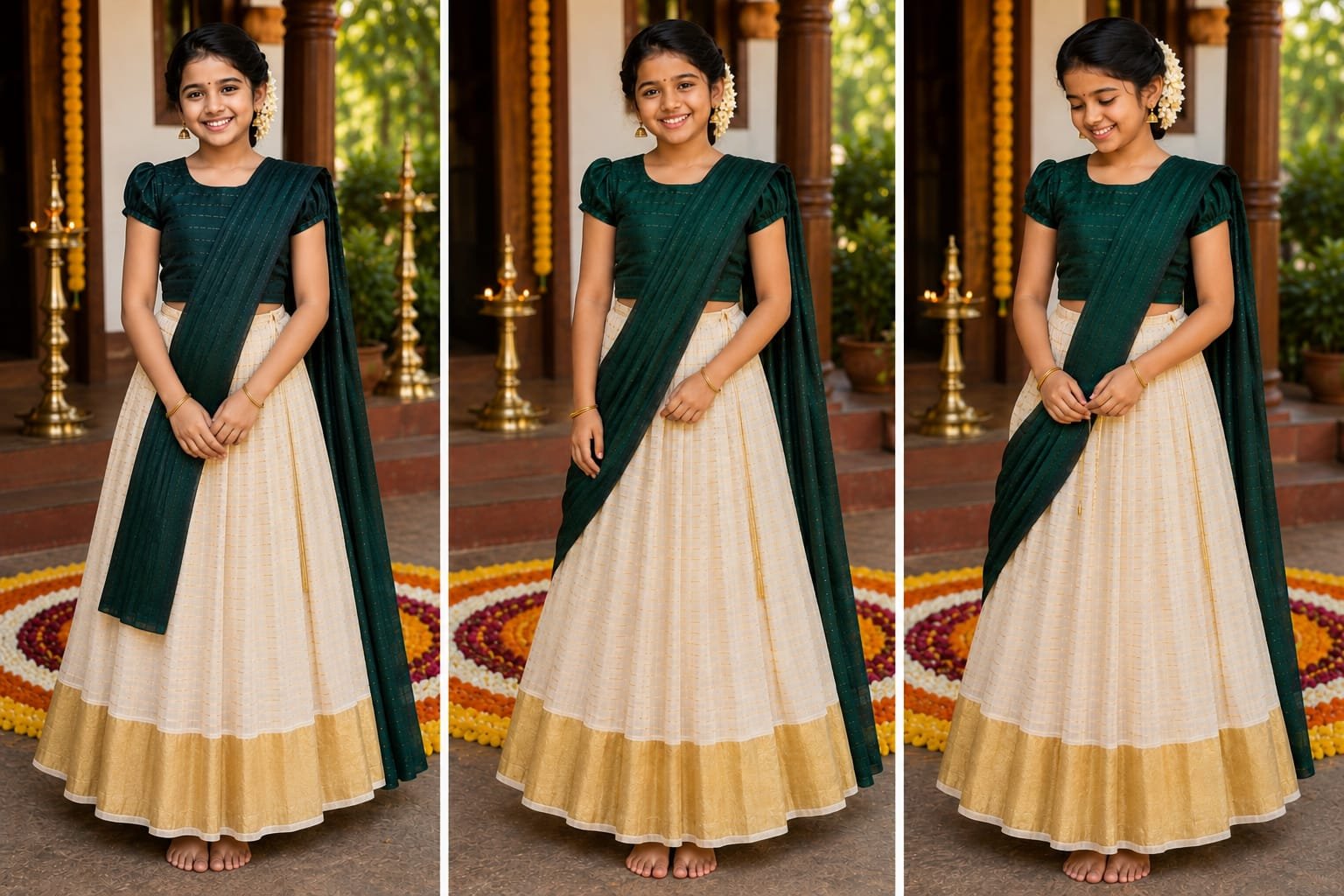 Green Kerala Davani Set for Girls - Image 2