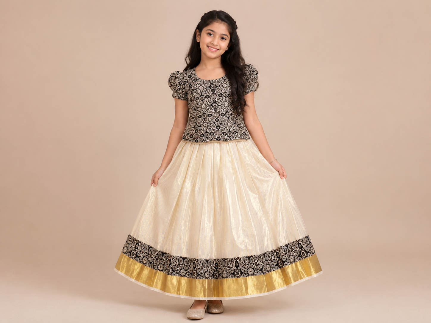 Black & Cream Patterned Pattu Pavada