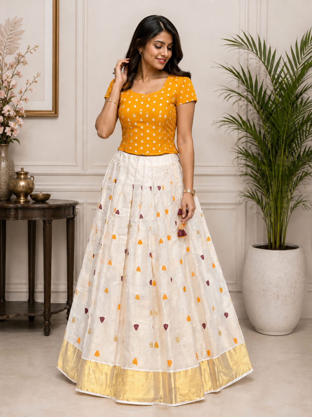Yellow Patterned Top and Cream Floral Skirt Ethnic Set