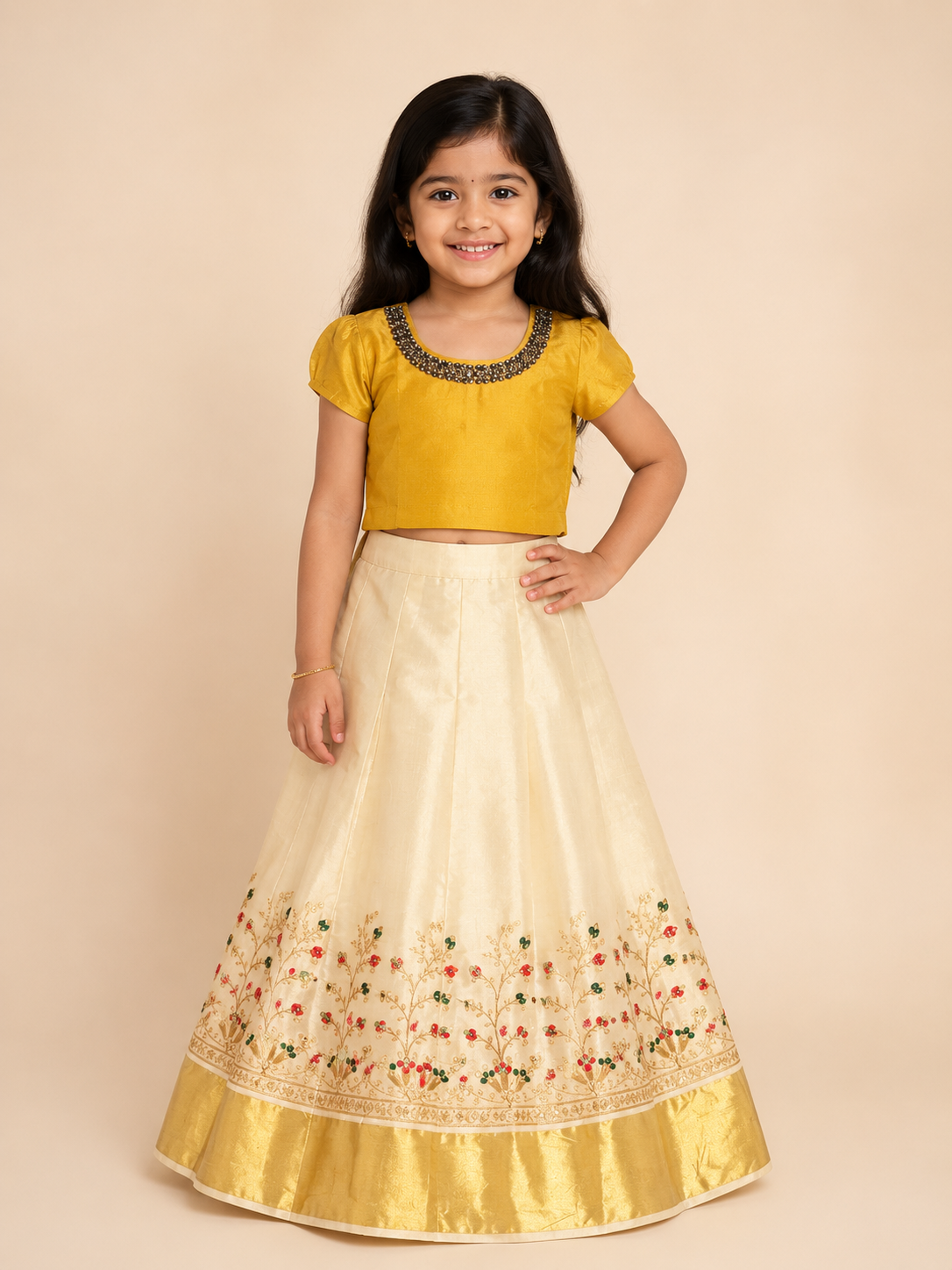 Mustard & Cream Floral Embroidered Pattu Pavada