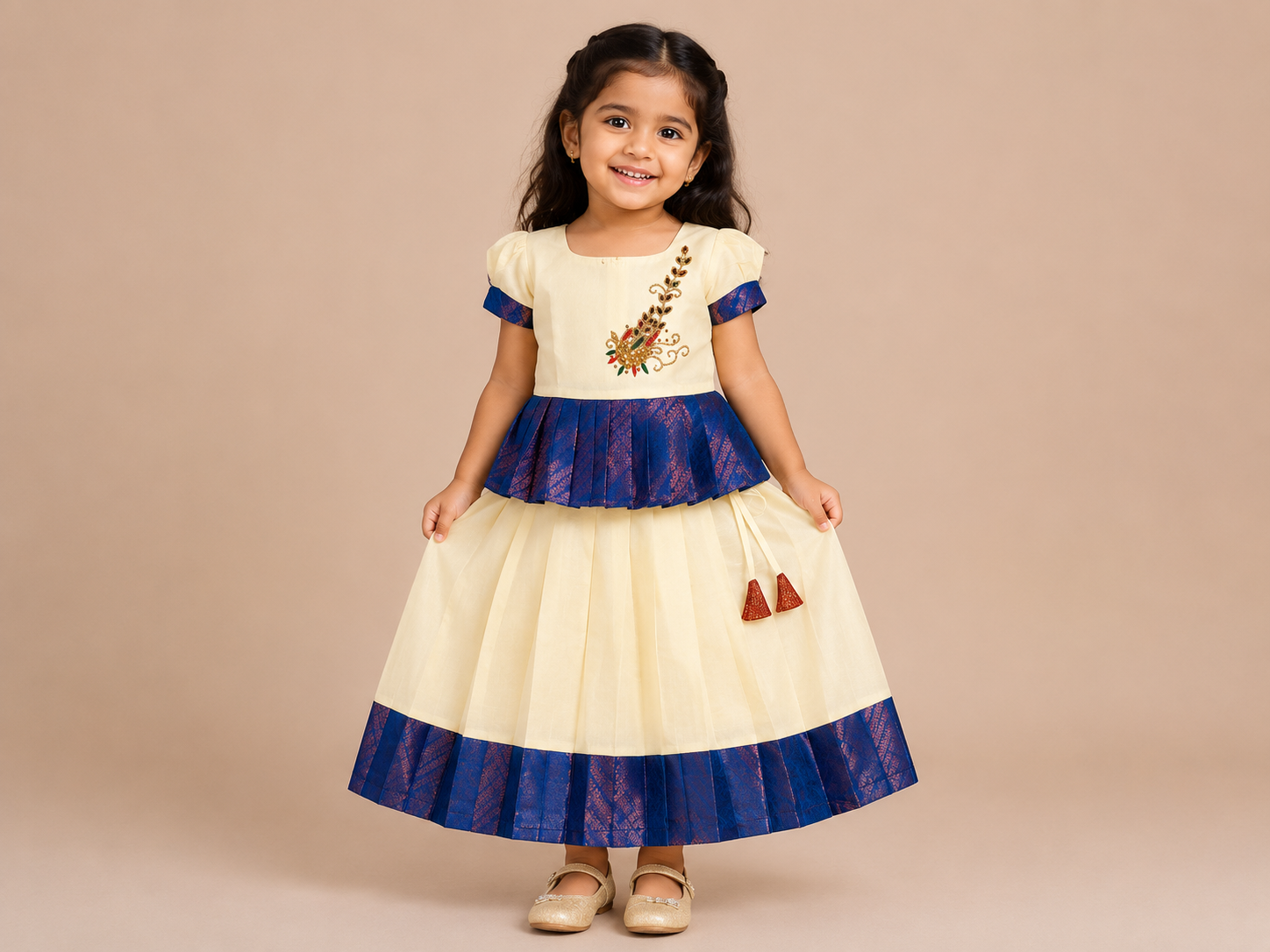 Cream & Blue Traditional Pattu Pavada