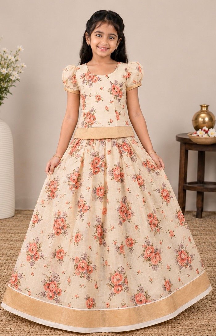 Floral Rose Print Puffed-Sleeve Ethnic Set for Kids