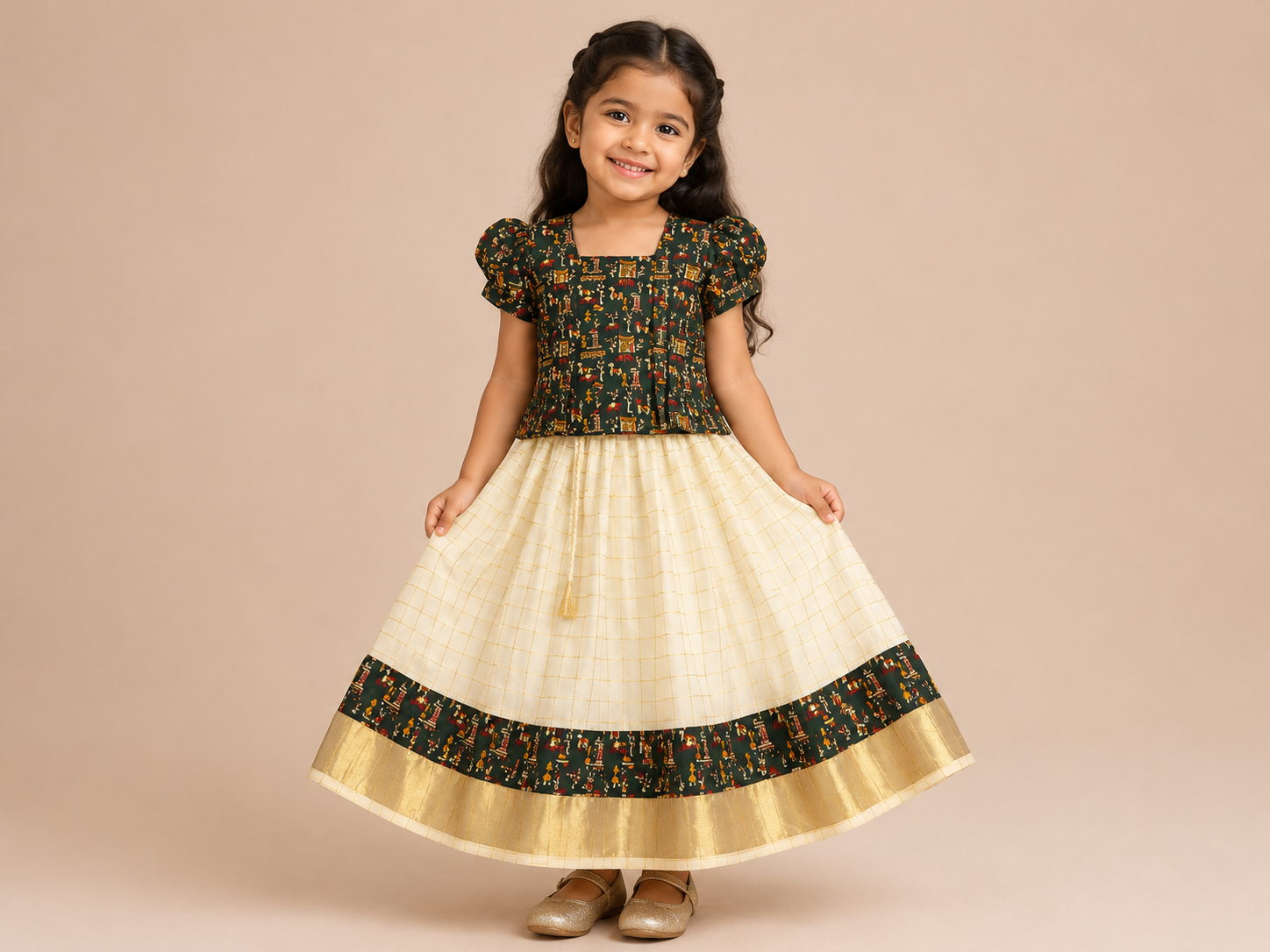 Dark Green & Cream Patterned Pattu Pavada