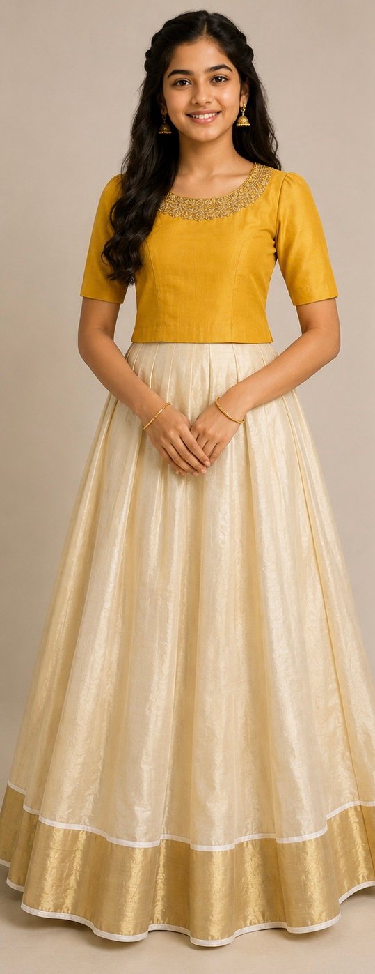 Mustard Yellow & Cream Traditional Pattu Pavada