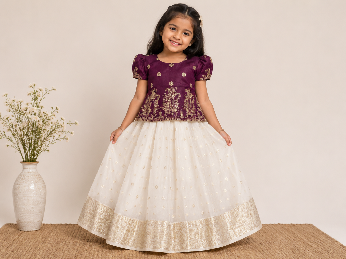 Purple & Cream Embroidered Pattu Pavada