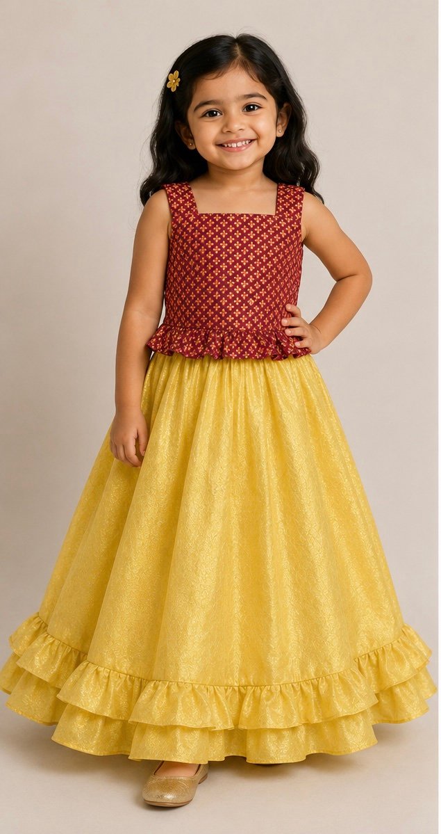 Maroon & Yellow Patterned Pattu Pavada