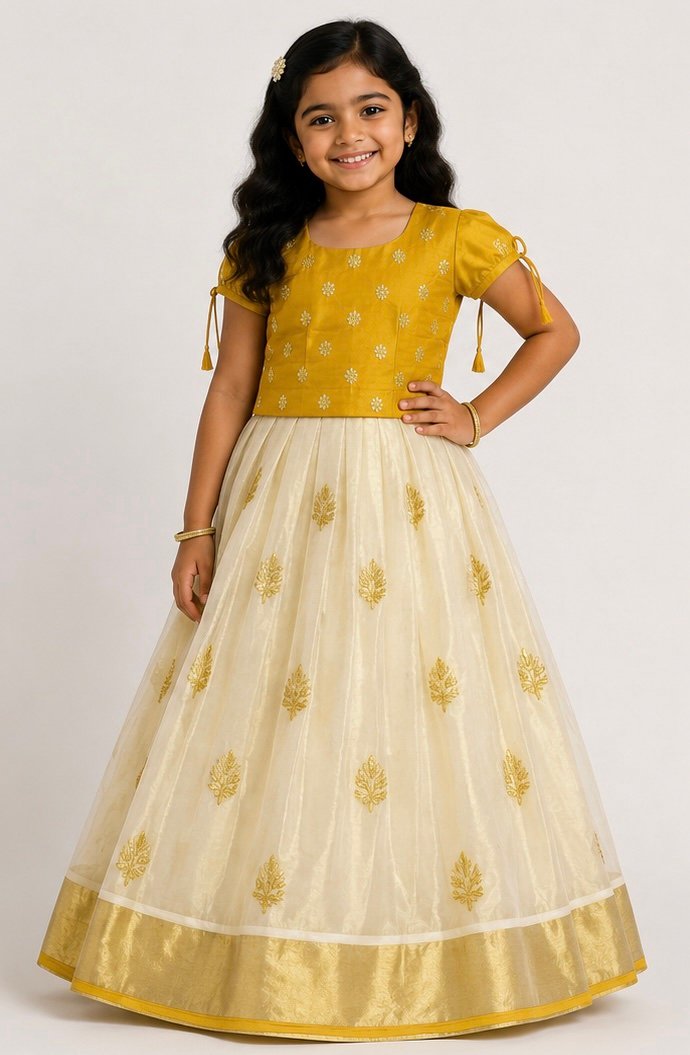 Mustard Yellow & Cream Embroidered Pattu Pavada