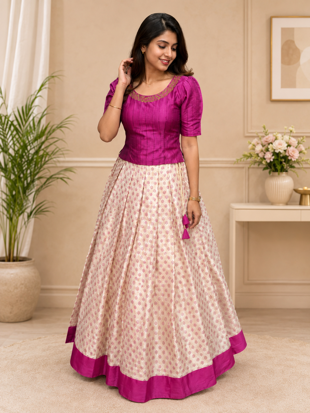Magenta and Cream Patterned Ethnic Set