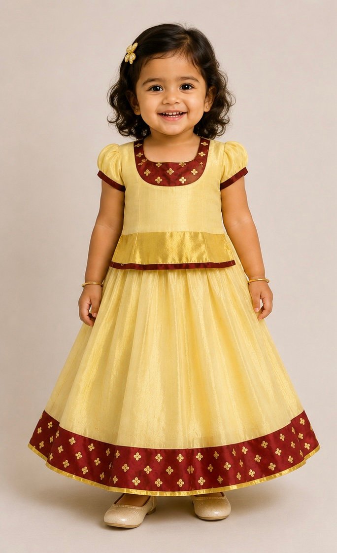 Yellow & Maroon Traditional Pattu Pavada