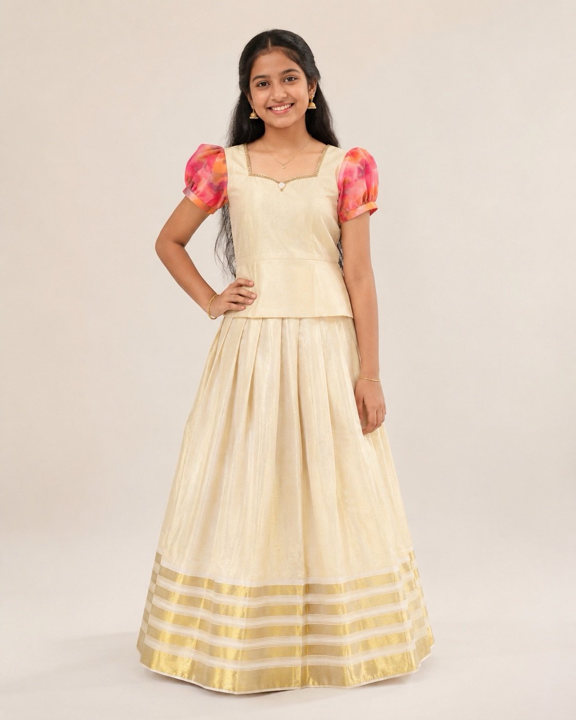 Cream Patterned Ethnic Set with Multi-colored Sleeves