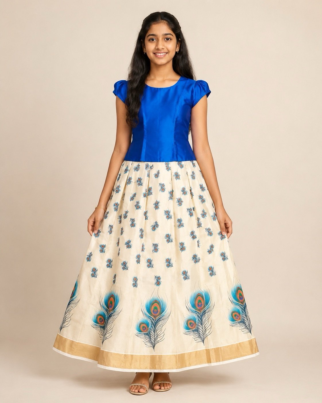Royal Blue & Peacock Feather Pattu Pavada