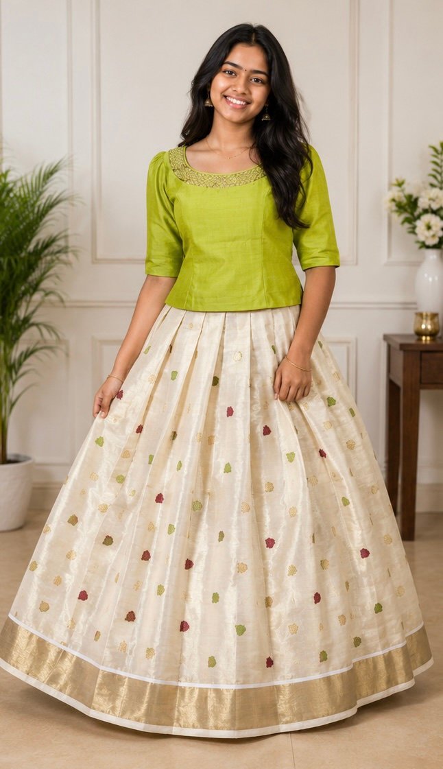 Lime Green & Off-White Pattu Pavada Set - Image 2