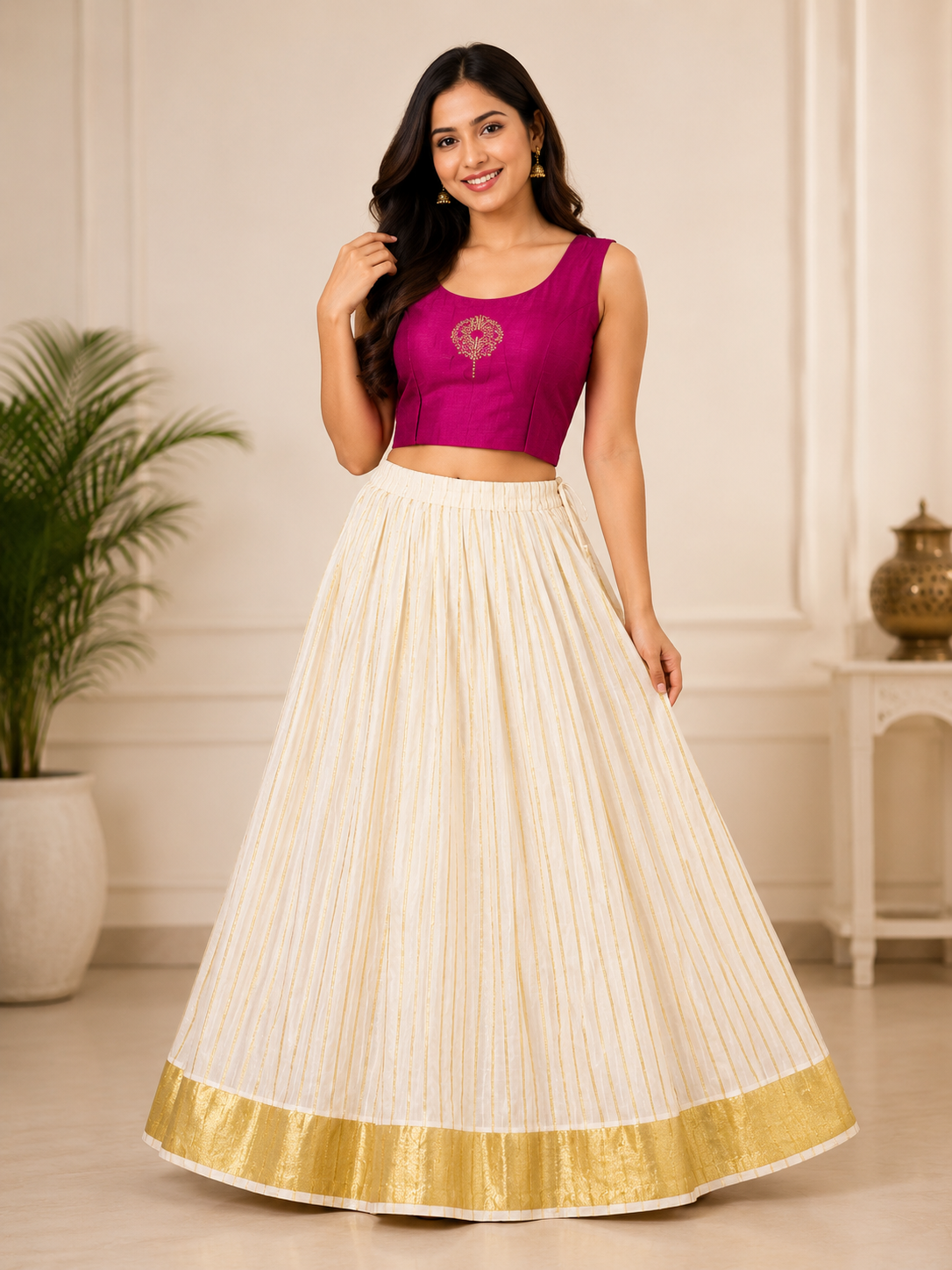 Magenta & Gold Pattu Pavadai Ensemble