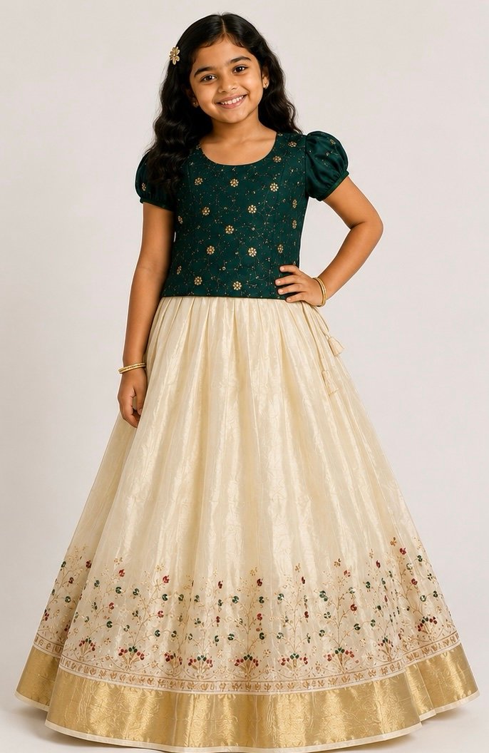 Dark Green & Cream Floral Pattu Pavada