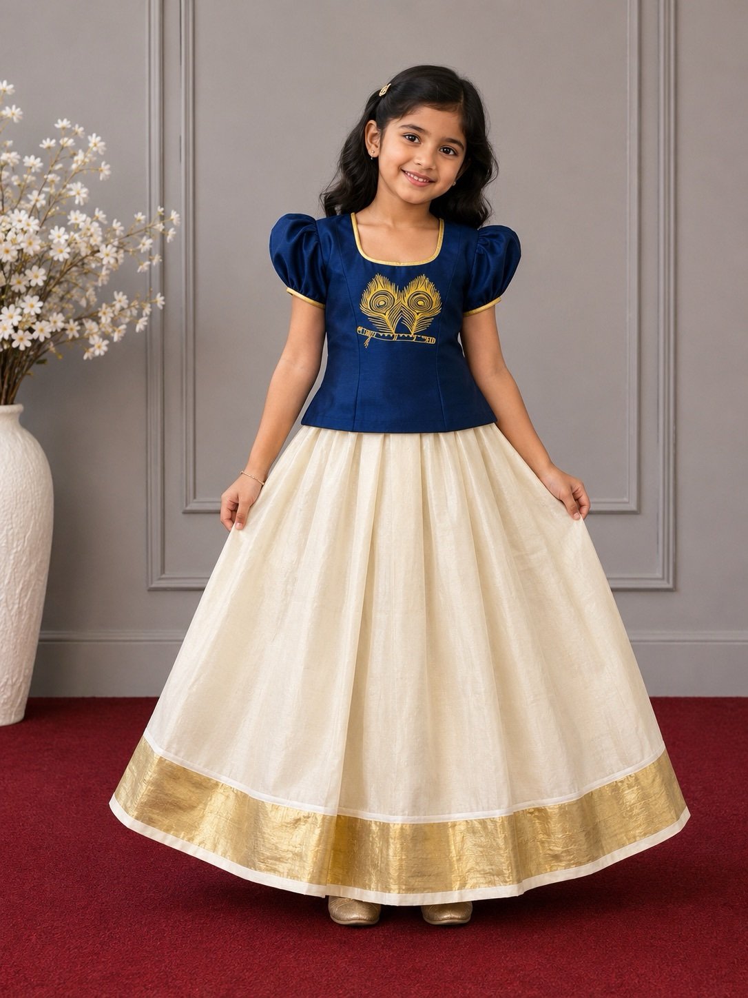 Blue & Cream Peacock Motif Pattu Pavada