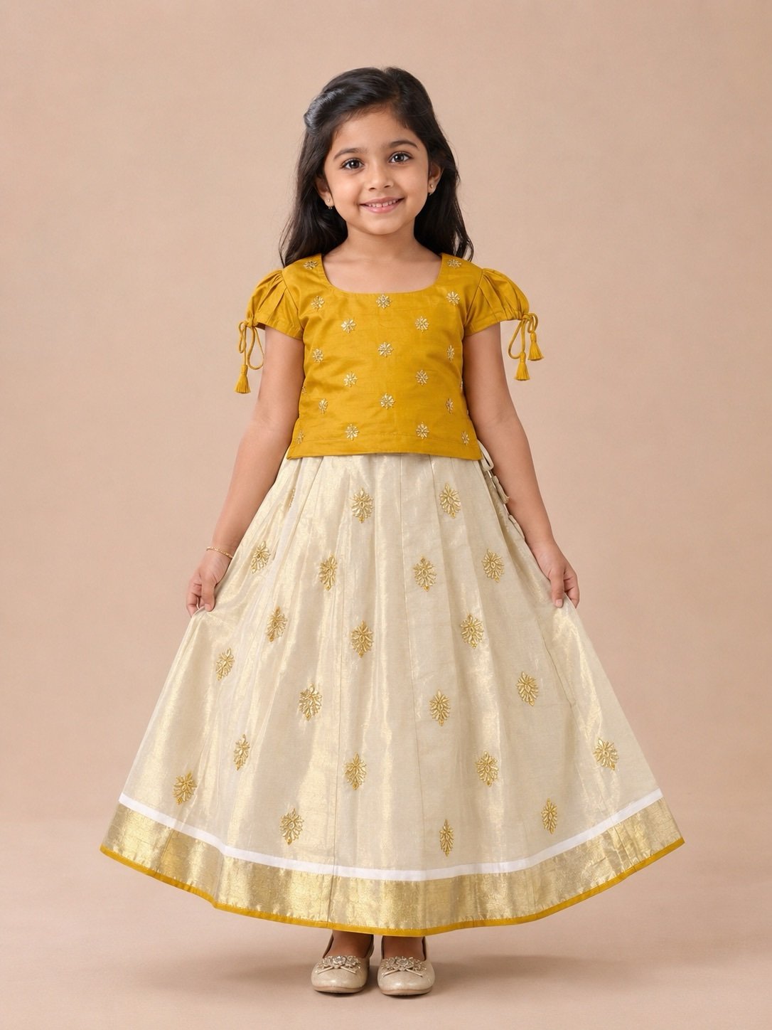 Mustard & Cream Floral Embroidered Pattu Pavada