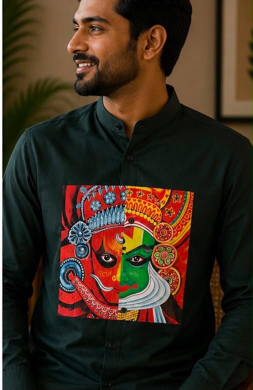 Men's Dark Green Kathakali & Theyyam Split Graphic Mandarin Collar Shirt - Image 2