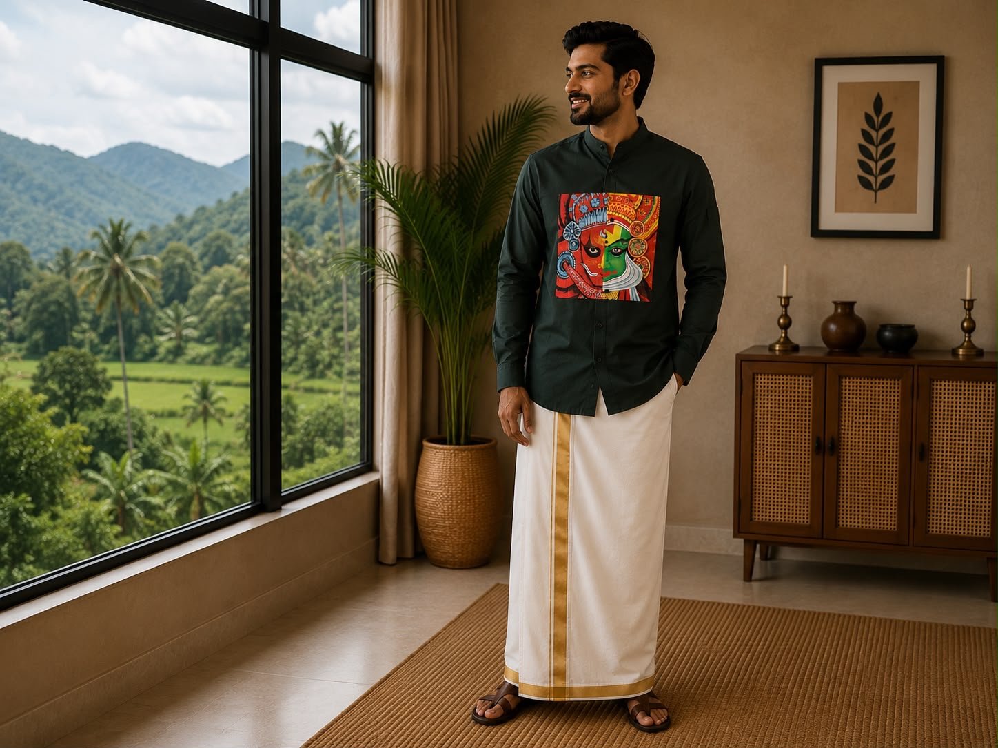 Men's Dark Green Kathakali & Theyyam Split Graphic Mandarin Collar Shirt