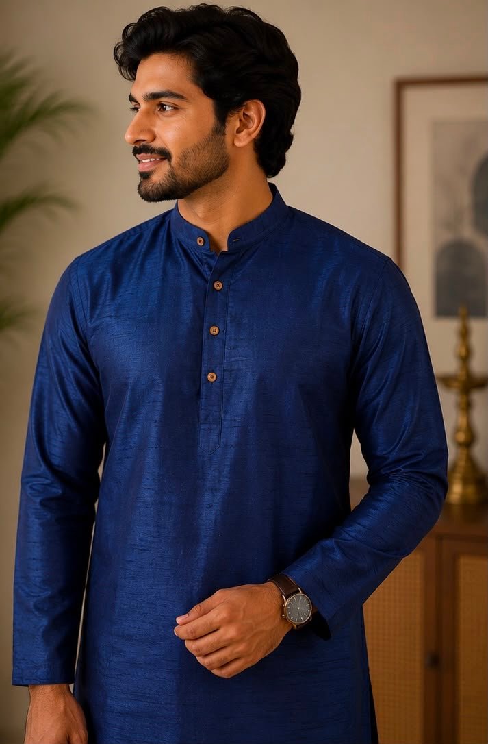 Men's Navy Blue Silk Blend Kurta & Dhoti Set - Image 2