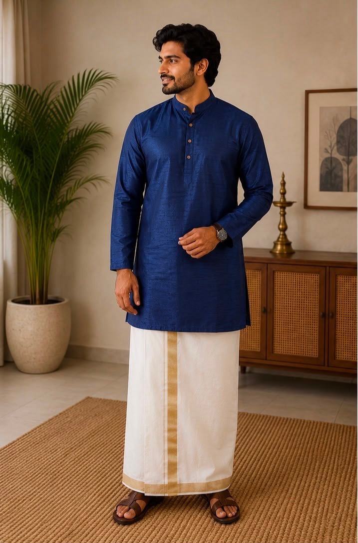 Men's Navy Blue Silk Blend Kurta & Dhoti Set