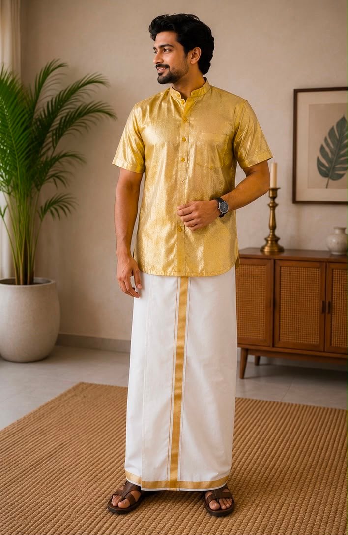 Men's Metallic Gold Short-Sleeve Shirt & Dhoti Set