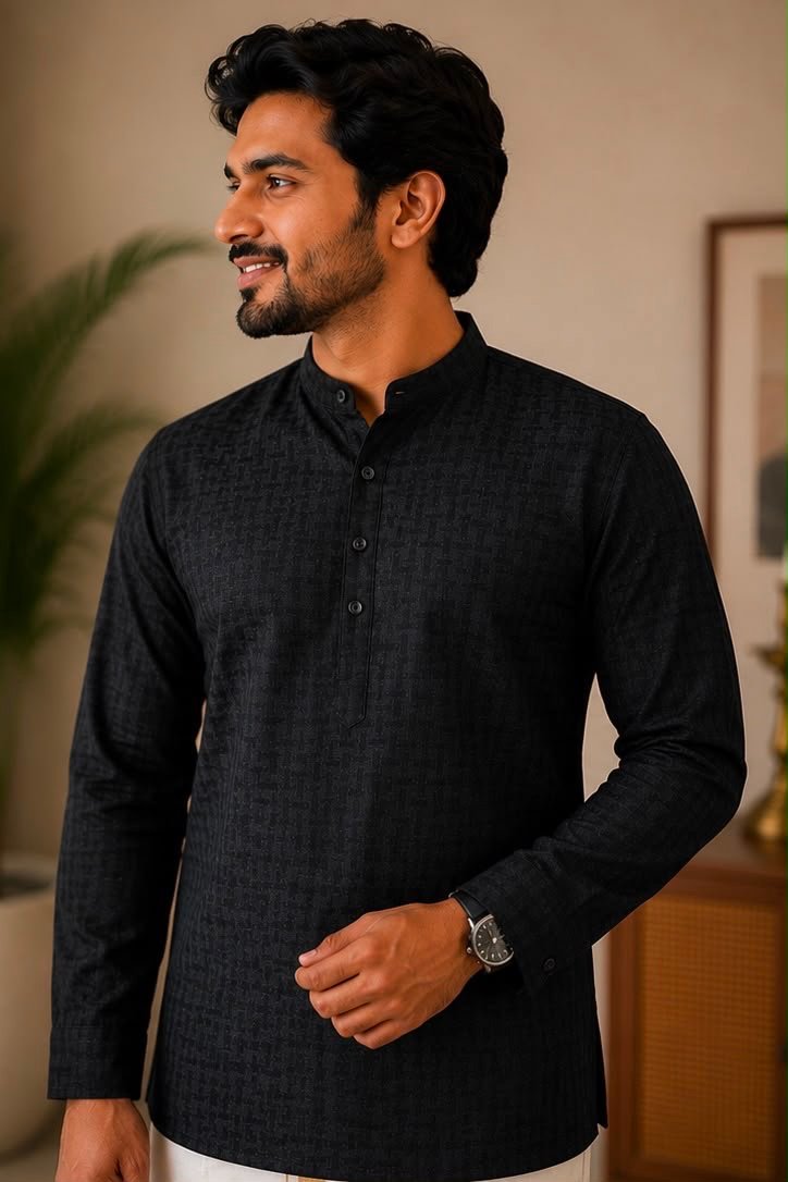 Men's Self-Patterned Jet Black Shirt & Dhoti Set