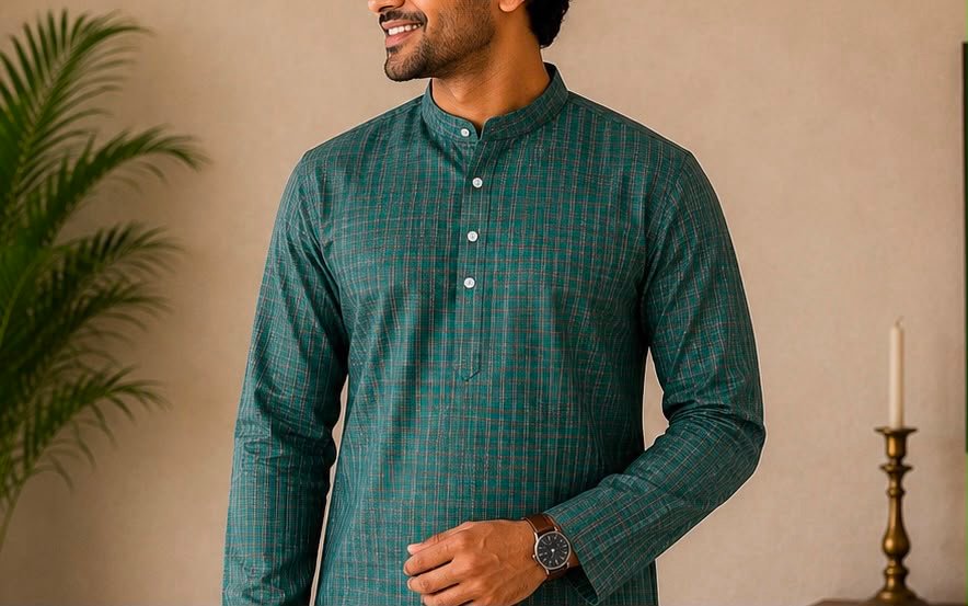 Men's Bottle Green Checkered Casual Kurta - Image 2