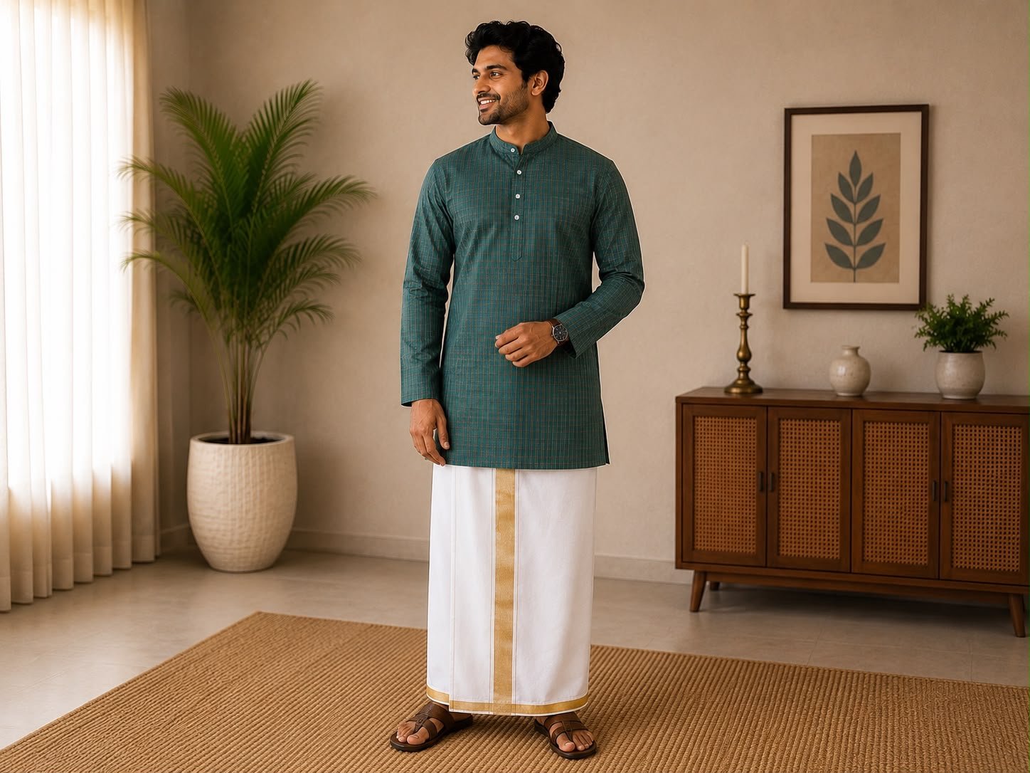 Men's Bottle Green Checkered Casual Kurta