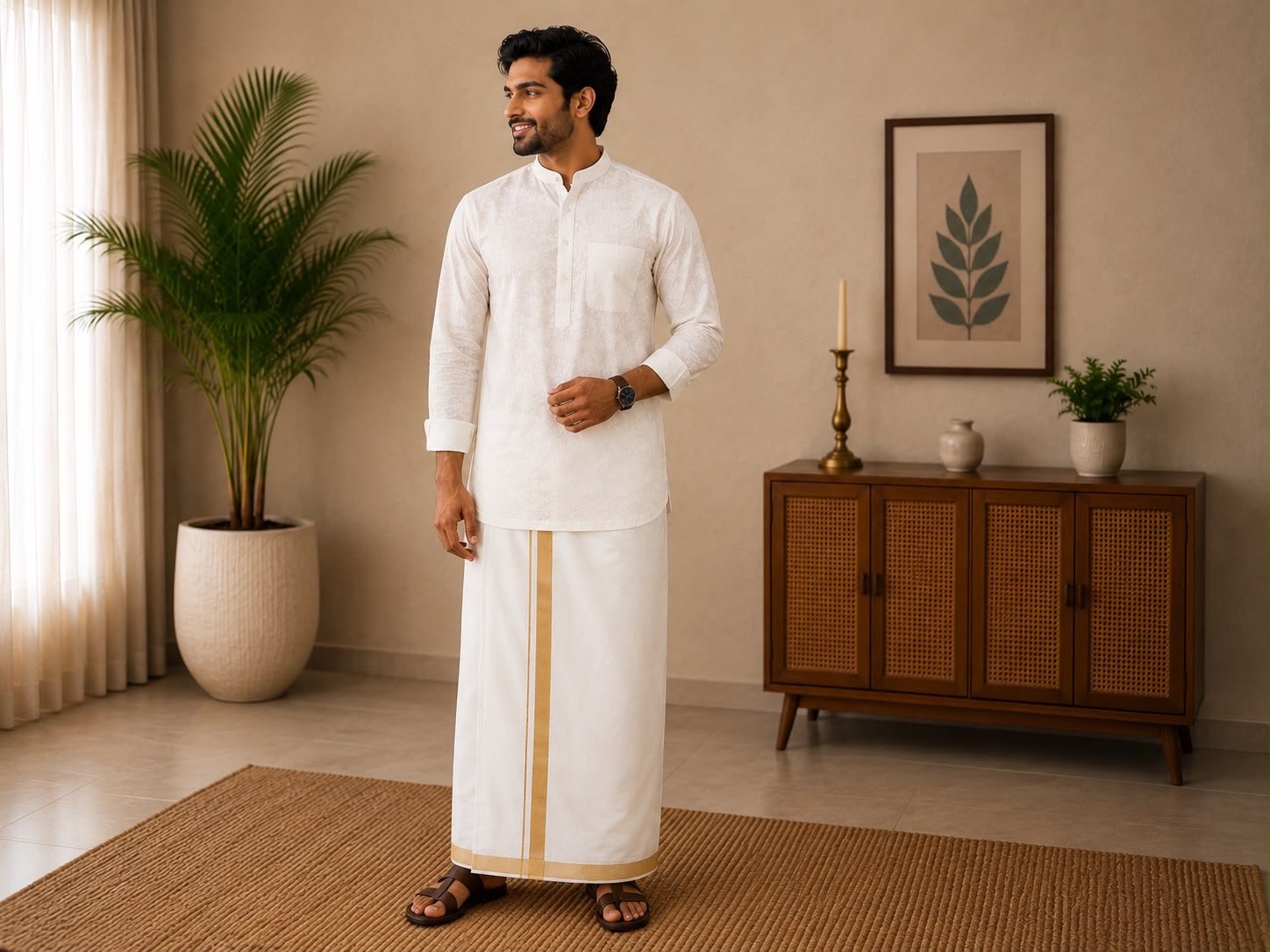 Men's Pristine White Self-Patterned Kurta & Dhoti Set - Image 2