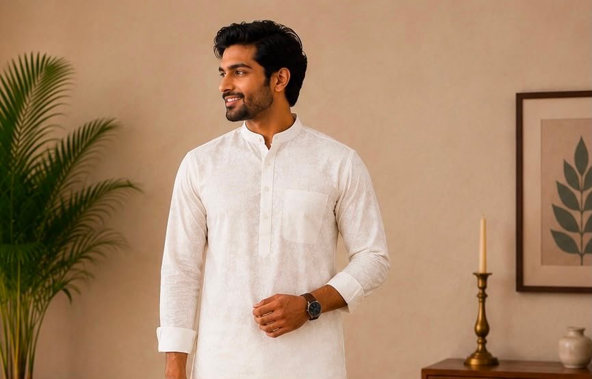 Men's Pristine White Self-Patterned Kurta & Dhoti Set