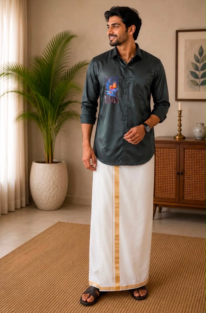 Men's Bottle Green Self-Patterned Kurta & Dhoti Set
