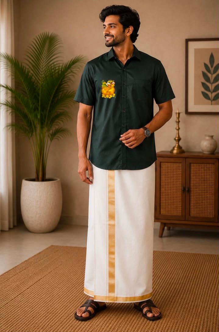 Men's Dark Green Vishu Graphic Short-Sleeve Shirt & Dhoti Set