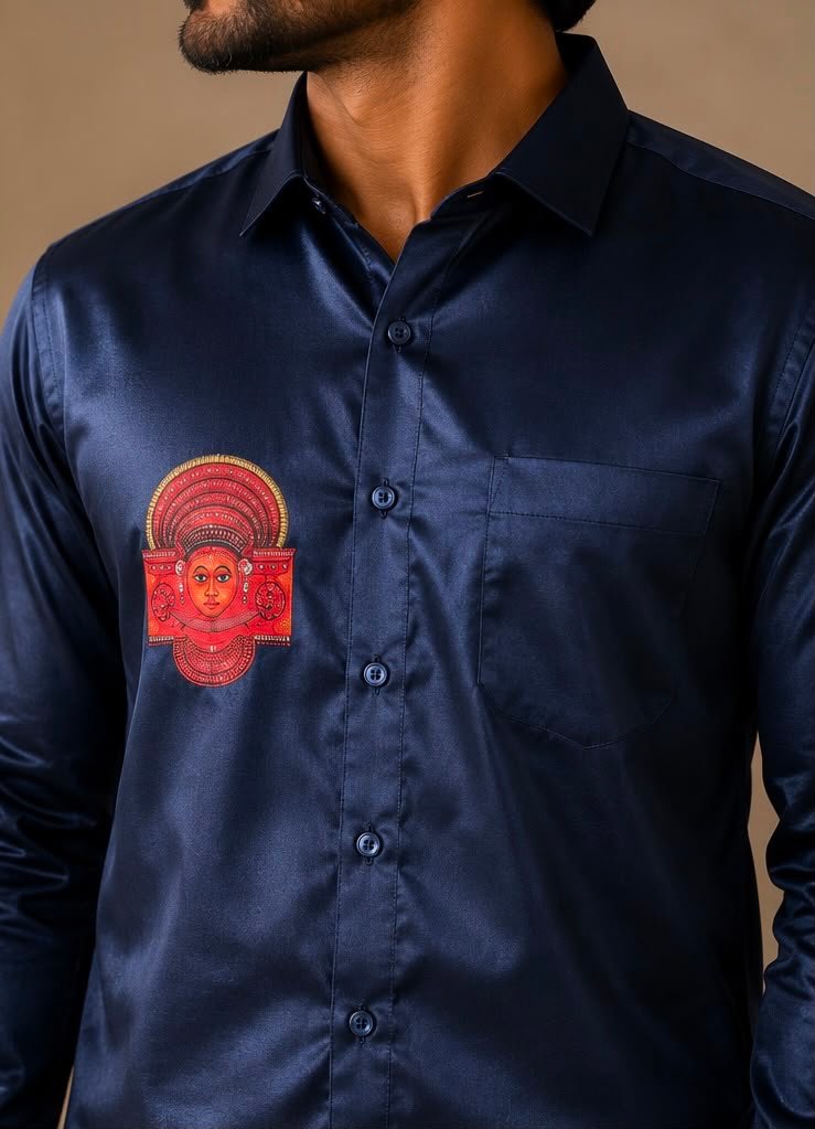 Men's Navy Blue Theyyam Graphic Silk-Blend Shirt & Dhoti Set - Image 2