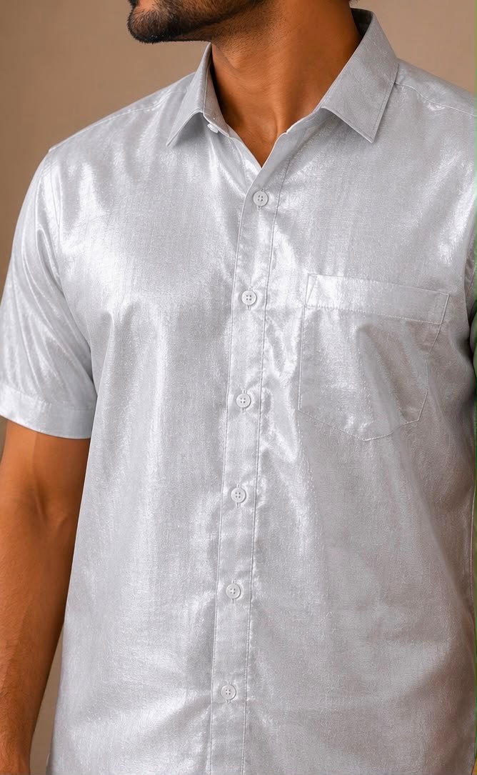 Men's Shimmering Silver Short-Sleeve Shirt & Dhoti Set