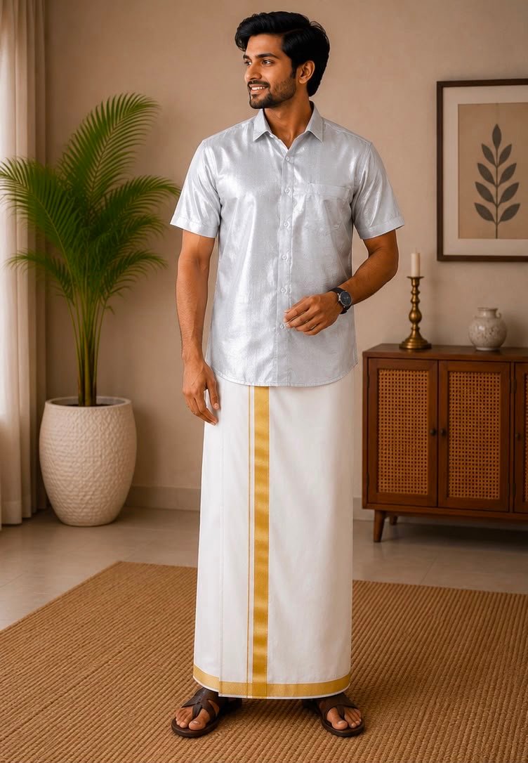Men's Shimmering Silver Short-Sleeve Shirt & Dhoti Set - Image 2