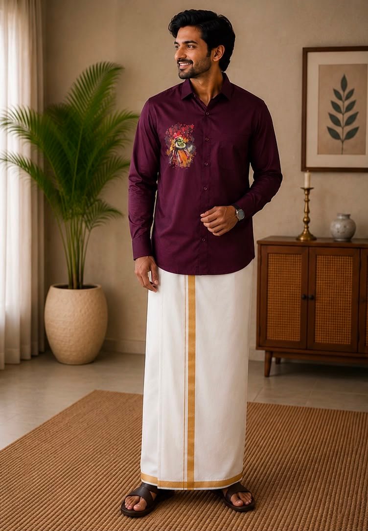 Men's Wine Wine-Colored Kathakali Graphic Shirt & Dhoti Set - Image 2