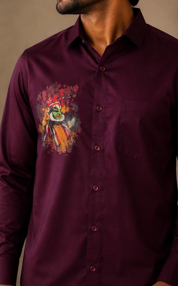 Men's Wine Wine-Colored Kathakali Graphic Shirt & Dhoti Set