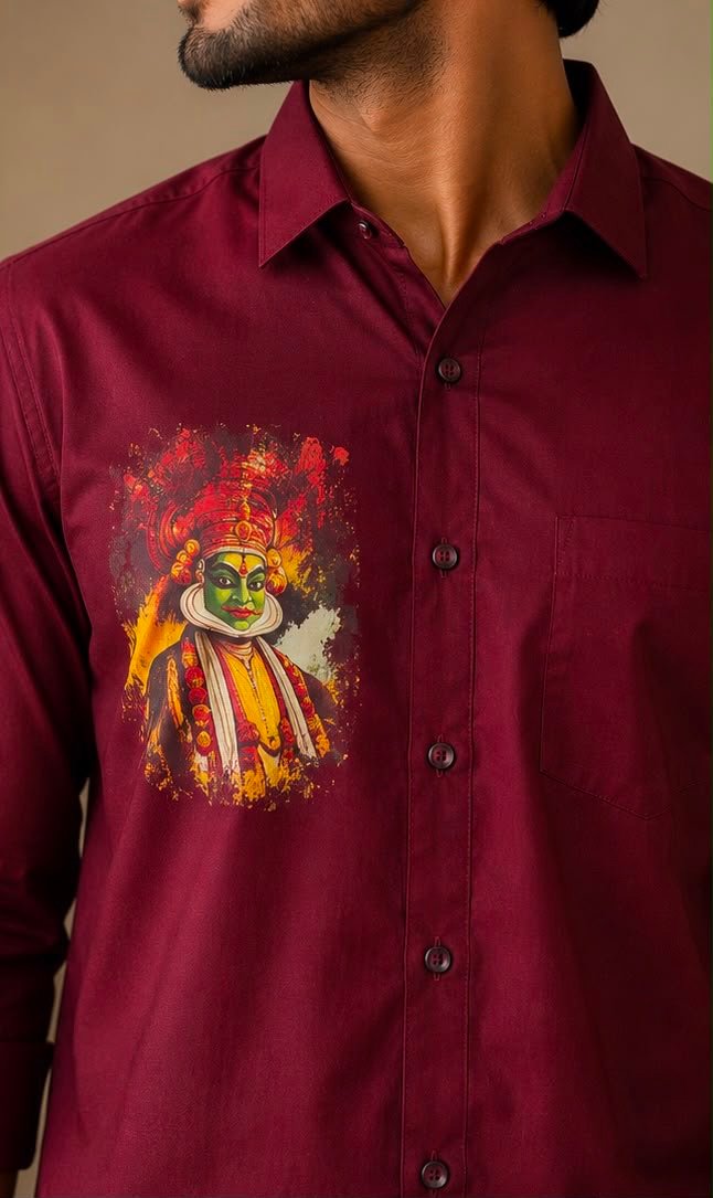 Men's Maroon Kathakali Portrait Graphic Shirt & Dhoti Set - Image 2