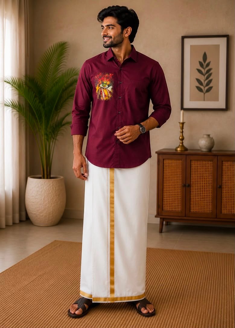 Men's Maroon Kathakali Portrait Graphic Shirt & Dhoti Set