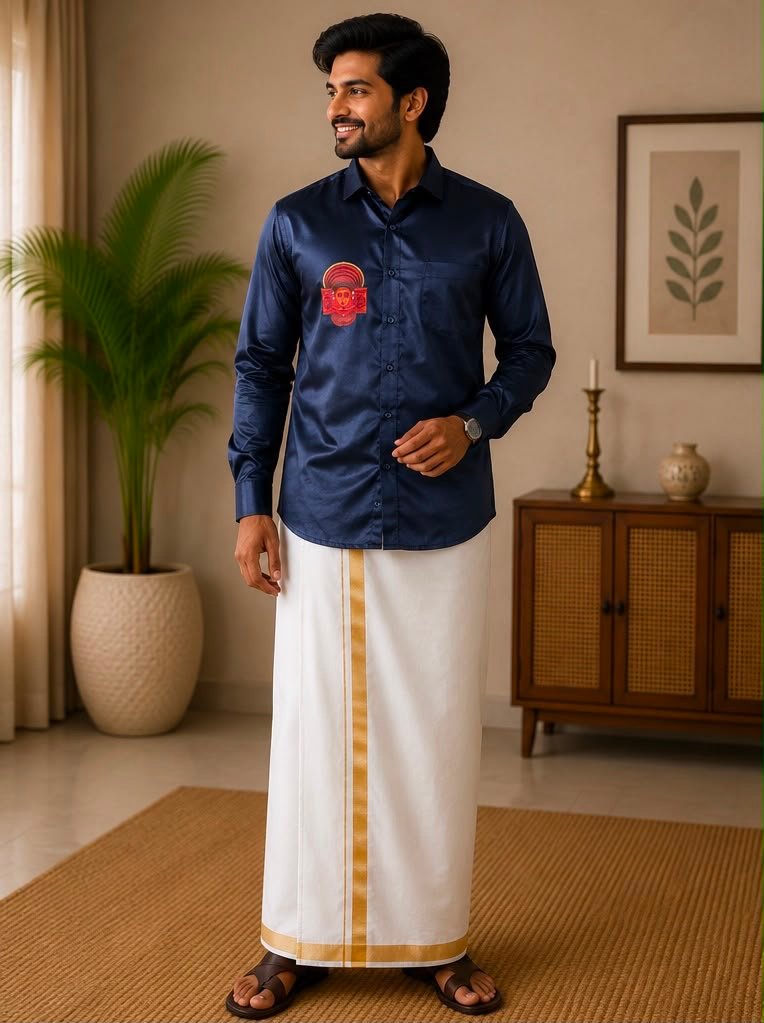 Men's Navy Blue Theyyam Graphic Silk-Blend Shirt & Dhoti Set