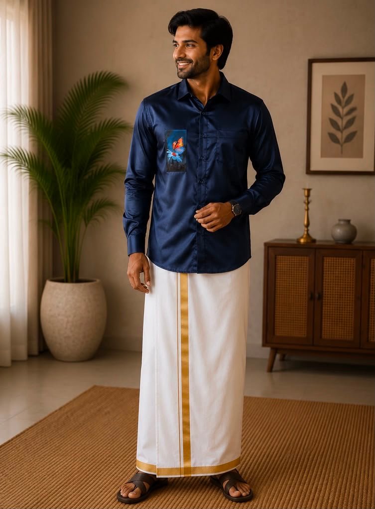 Men's Navy Blue Butterfly Graphic Shirt & Dhoti Set
