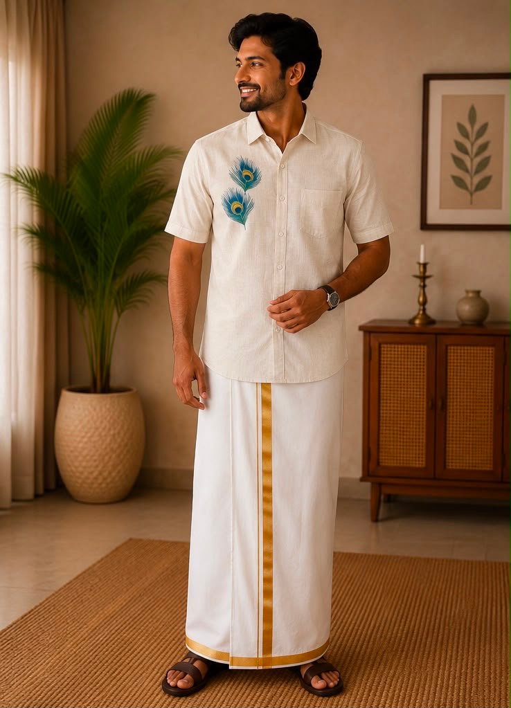 Men's Cream Peacock Feather Graphic Short-Sleeve Shirt & Dhoti Set - Image 2