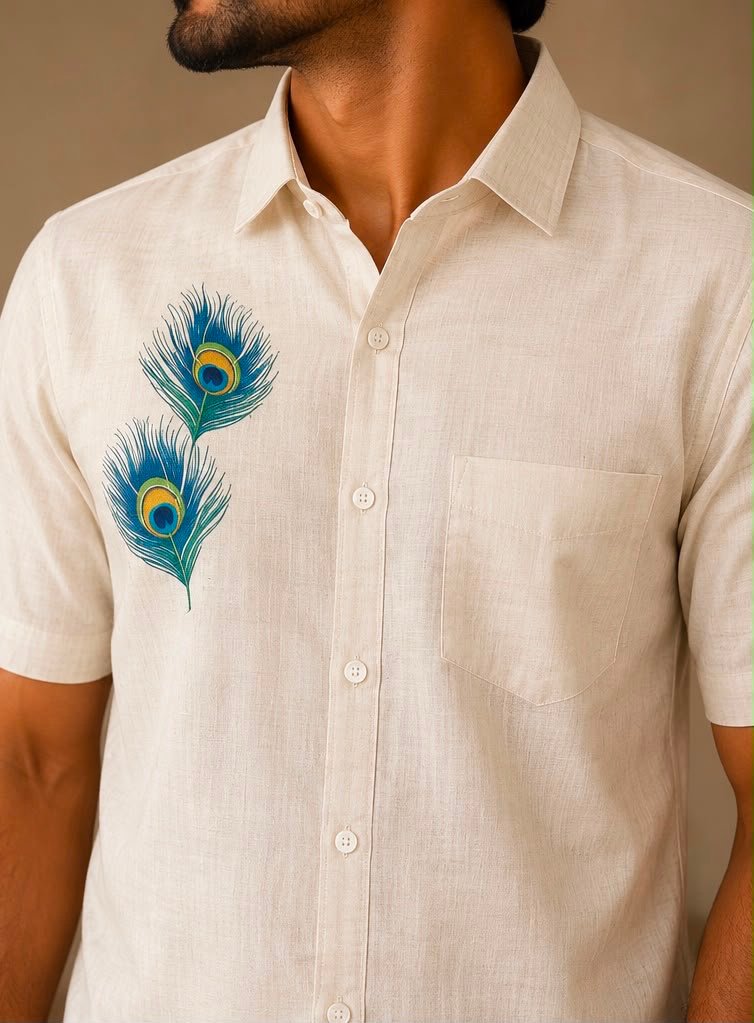 Men's Cream Peacock Feather Graphic Short-Sleeve Shirt & Dhoti Set