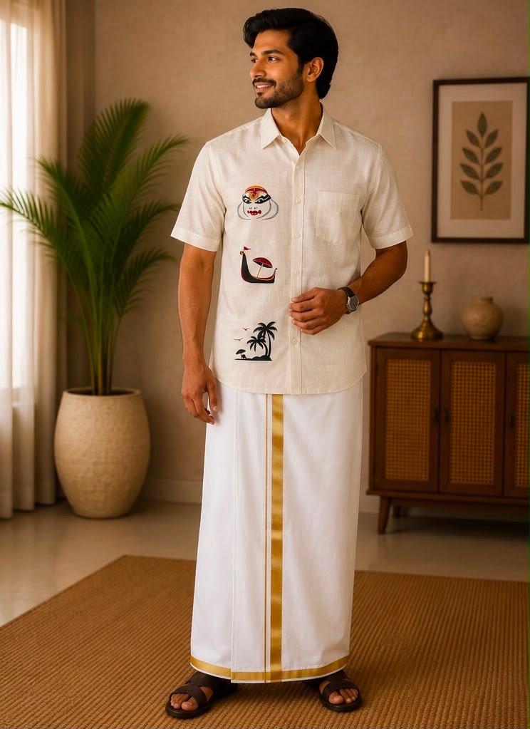 Men's Cream Kerala Culture Motif Short-Sleeve Shirt & Dhoti Set