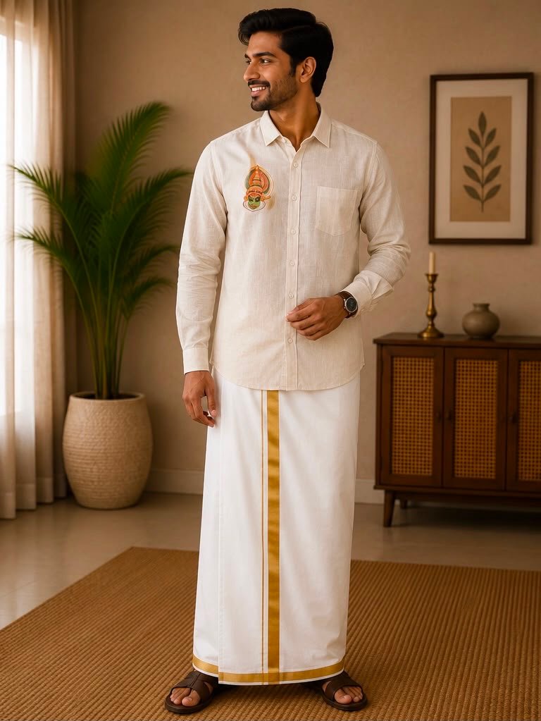 Men's Cream Kathakali Motif Long-Sleeve Shirt & Dhoti Set - Image 2