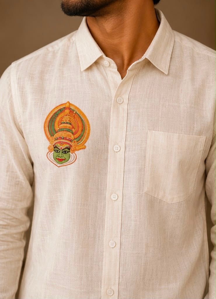 Men's Cream Kathakali Motif Long-Sleeve Shirt & Dhoti Set