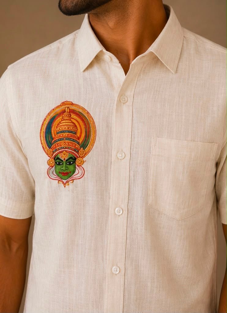 Men's Cream Kathakali Motif Short-Sleeve Shirt & Dhoti Set - Image 2