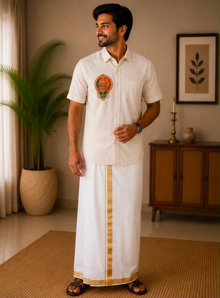 Men's Cream Kathakali Motif Short-Sleeve Shirt & Dhoti Set